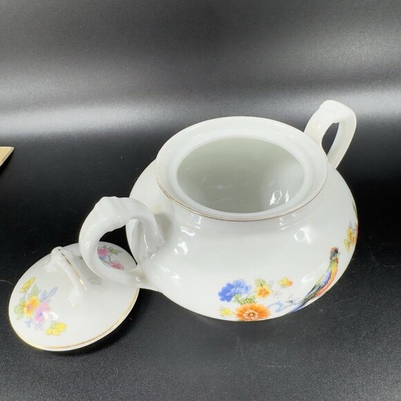 TK Thun Bohemia Czechoslovakia Sugar Bowl Porcelain Bird Flowers Pattern Vintage - Picture 9 of 15